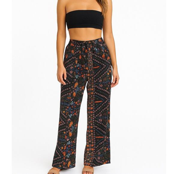 Olivaceous Pants - NEW Olivaceous Black Floral Thin Wide Leg Pants Women Small Boho Festival Hippie